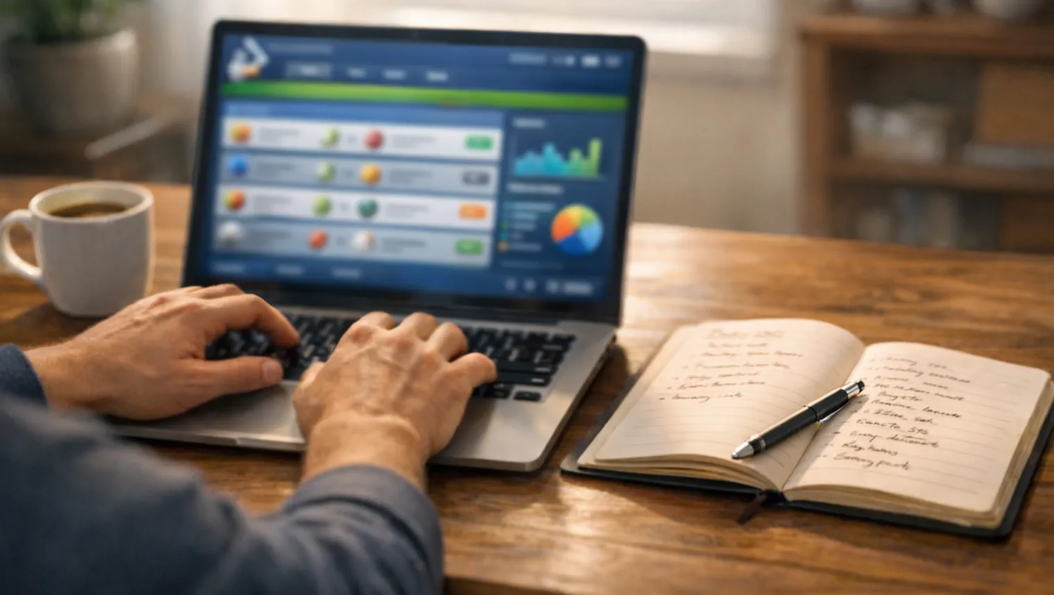 Persoon analyseert cricket weddenschappen op een laptop met notitieblok