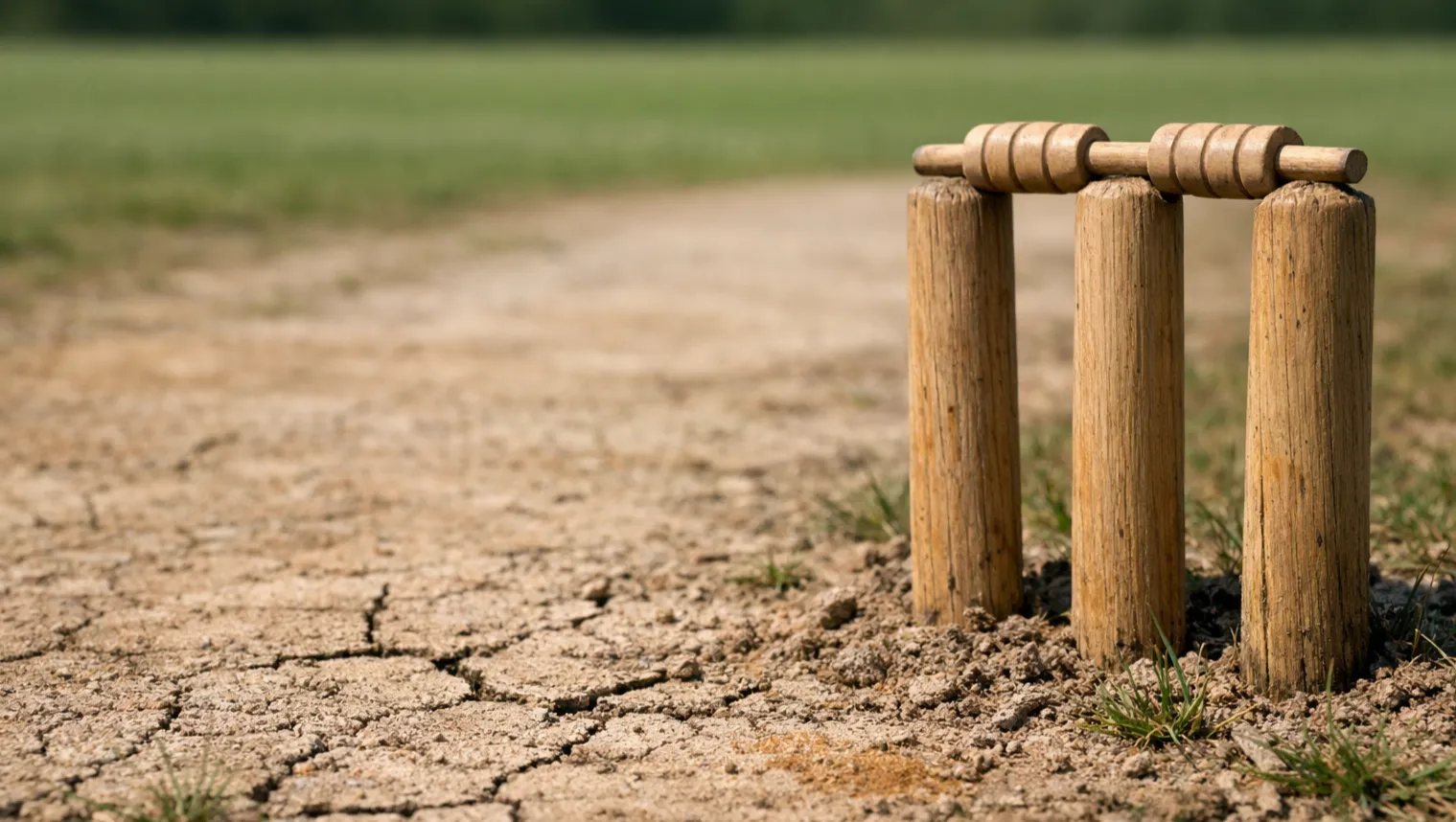 Close-up van een cricket pitch met zichtbare grasbanen en stumps op de achtergrond