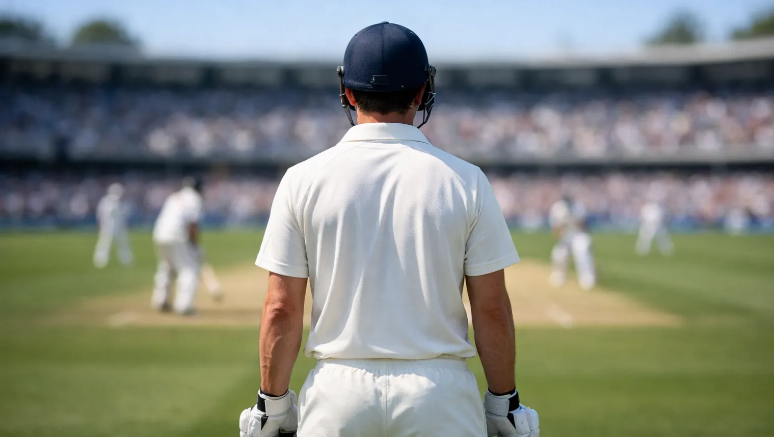 Ovaal cricketveld met pitch in het midden gezien vanuit hoge hoek