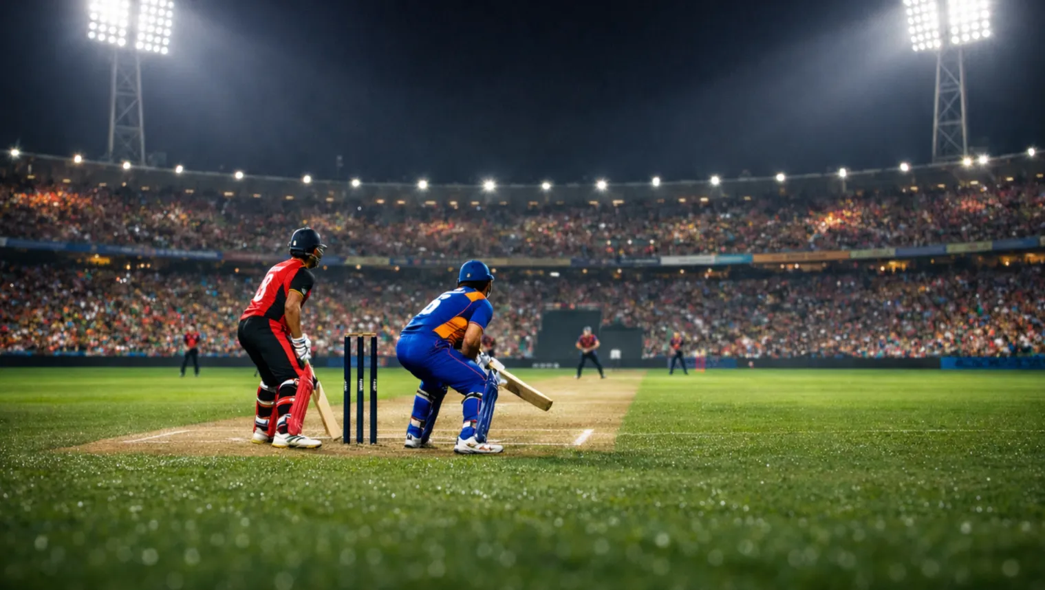 Drukbezocht IPL cricketstadion verlicht bij avondwedstrijd met T20-actie