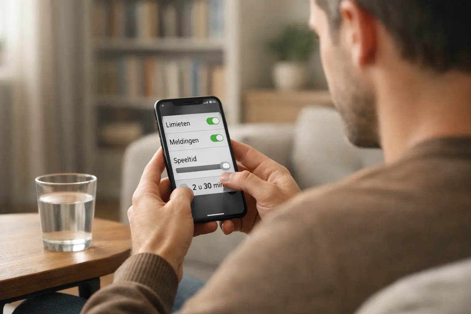Persoon stelt speellimieten in op een telefoon met een rustige thuisomgeving